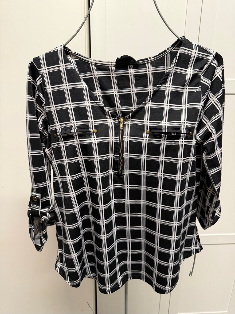 Black & White Plaid Women's Zip-Front Blouse